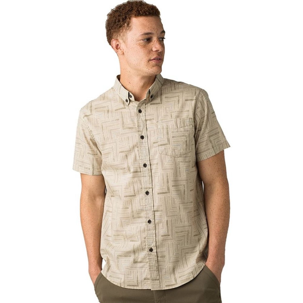 Men's Prana Beige Short Sleeve slim fit Button Up Shirt Medium